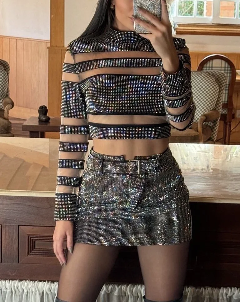 Minifalda de Strass con cinto negra con plateado — fotografía 1